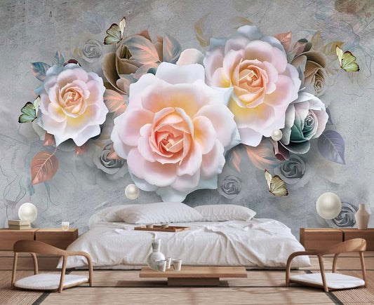 Modern Minimalist Fashion Wallpaper Flowers and Pearls Mural for Bedroom and Living Room Background Wall(Non-self-Adhesive)