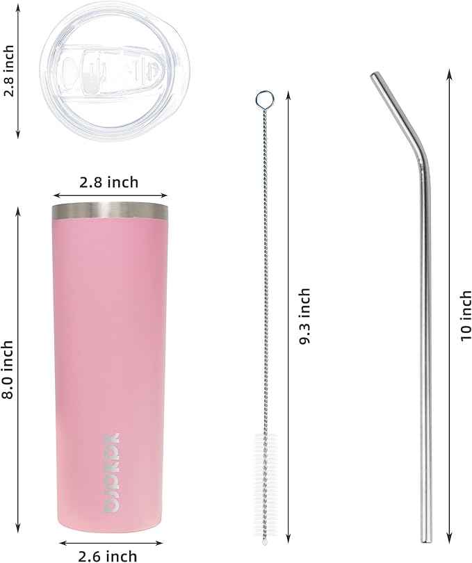 BJPKPK Skinny Insulated Tumbler, Stainless Steel Reusable Slim Insulated Travel Coffee Cup with Lid,Light Pink,20oz | Skinny, Reusable, Slim, Insulated, Travel Coffee Cup, with Lid