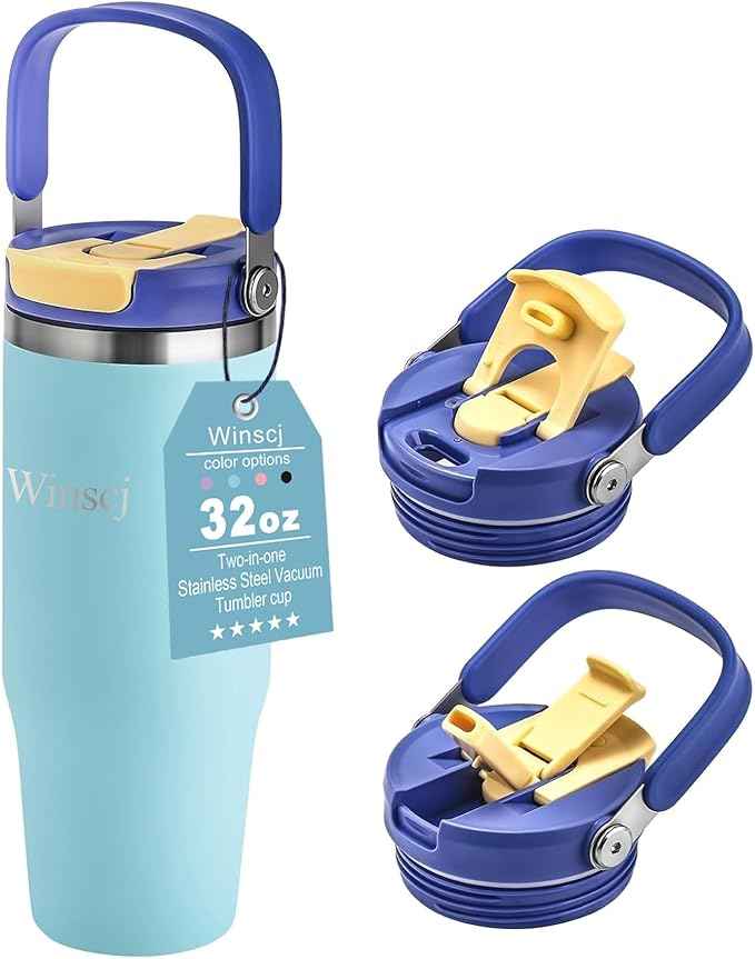 32 oz Tumbler with Handle and Flip Straw,Keep Cold or Hot,Fits in Cup Holder,Reusable Leak Proof Stainless Steel Vacuum Water Bottle,Suitable for Home Gym Trave, Easy to Carry (Cyan Blue)