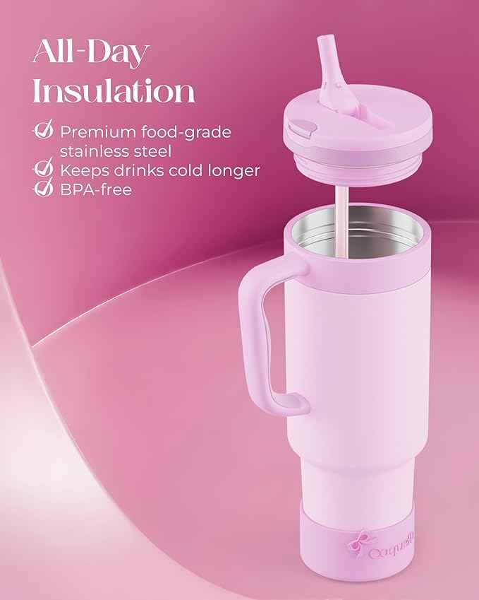 40 oz Insulated Tumbler with Handle and Push-Button Straw Lid, Stainless Steel Travel Cup for Gym Office, Leakproof, BPA-Free, Cup Holder Friendly, Bow Silicone Boot, Purple (Light Lilac)
