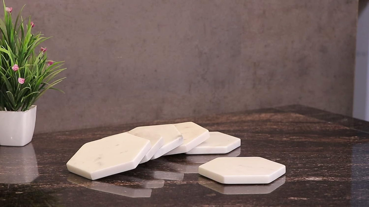 Set of 6 Hexagon Marble Coasters | White Decor for Modern Homes | Drink Coasters for Coffee Table, Dining, Bar or Office| Made from 100% Solid Real Marble | Cute Stone Coasters