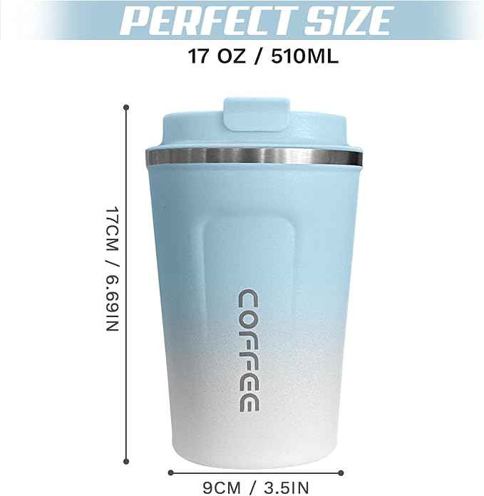 SPLMIFA Travel Coffee Mug Leak-Proof, Reusable Coffee Cups with Lids, Stainless Steel Vacuum Insulated Coffee Tumblers, Thermal Insulation Cup for Men and Women Hot & Cold Drinks(2nd-Blue White, 17OZ)