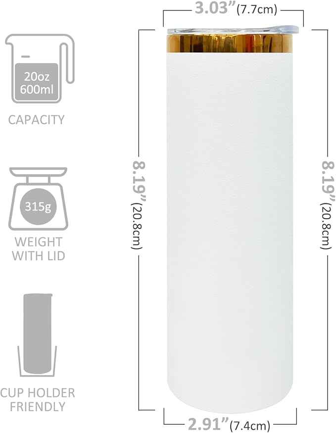 20 oz Skinny Tumblers Stainless Steel Tumbler with Lid and Straw Double Wall Vacuum Insulated Coffee Mug 20oz Powder Coated Cup for Hot and Cold Drinks(White,1 pack)