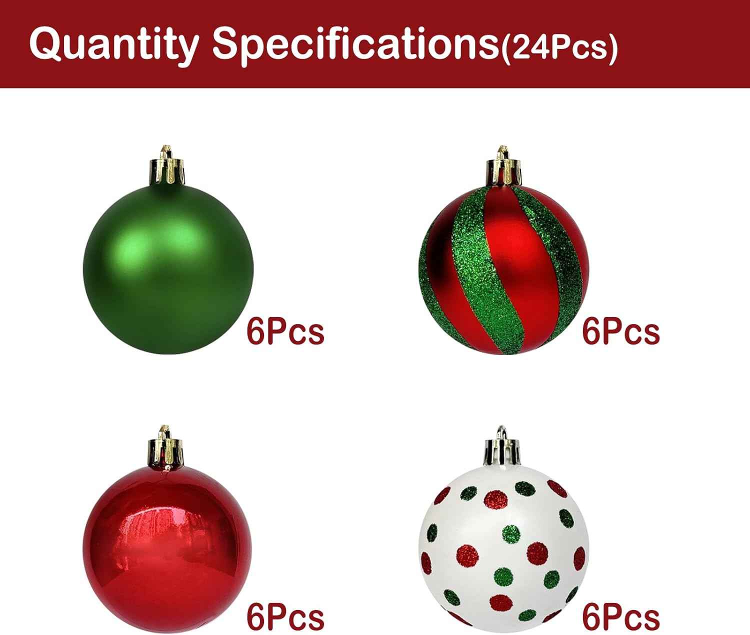 Emopeak 24Pcs Christmas Balls Ornaments - 2.5 Inch Glittering Red Green White Christmas Ball Ornaments Shatterproof Xmas Tree Hanging Ball, Hanging Bulbs for Home Holiday Party