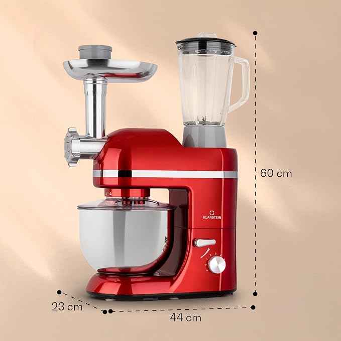 Klarstein Lucia Elegance - Stand Mixer, Food Processor and Mixer, Meat Grinder, 1300 Watt in 6 Power Levels, Pulse Function, 5L Stainless Steel Bowl, 1.5L Glass Mixing Jug, Red