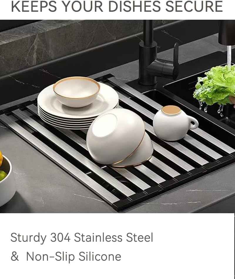 17.72" Dish Drying Rack Over the Sink, 1.28lb Heavy-Duty 304 Stainless Steel, Non-Slip Silicone Edges, Folding Space-Saving for Home & RV Kitchen, Dish Drainer, Cooling Rack & Sink Cover