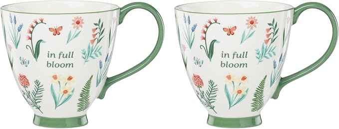 Oneida Coffee Mug Set, First Blooms Green Mugs 2 Pieces, Service For 2, Porcelain Material, 12 Ounce Capacity, Microwave And Dishwasher Safe, Ceramic Mugs, Coffee Cups, Tea Cup (Green, 2 Pieces)