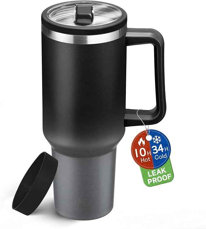 BENZZO 40 oz Insulated Tumblers with Handle - Flip Straw, Leak Proof Water Bottles 40oz Fits in Cup Holder