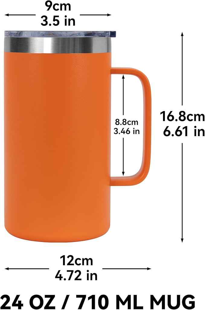 DOMICARE 24oz Mug with Handle and Lid, Stainless Steel Coffee Mug, Travel Mug with Handle, Double Wall Vacuum Coffee Tumbler, Reusable Insulated Cup, Orange, Pack 8