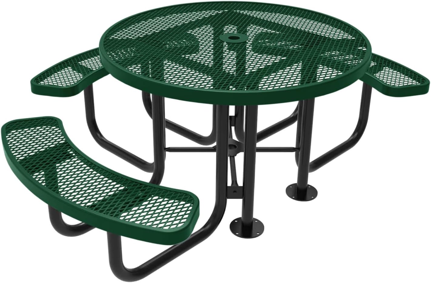 Heavy-Duty Portable Outdoor Picnic Table with Umbrella Hole, Expanded Metal Patio Dining Furniture Made in America (46" Round Top, Green)