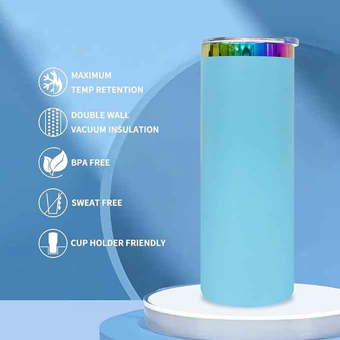 20 oz Skinny Tumblers Stainless Steel Tumbler with Lid and Straw Double Wall Vacuum Insulated Coffee Mug 20oz Powder Coated Cup for Hot and Cold Drinks(Blue,1 pack)
