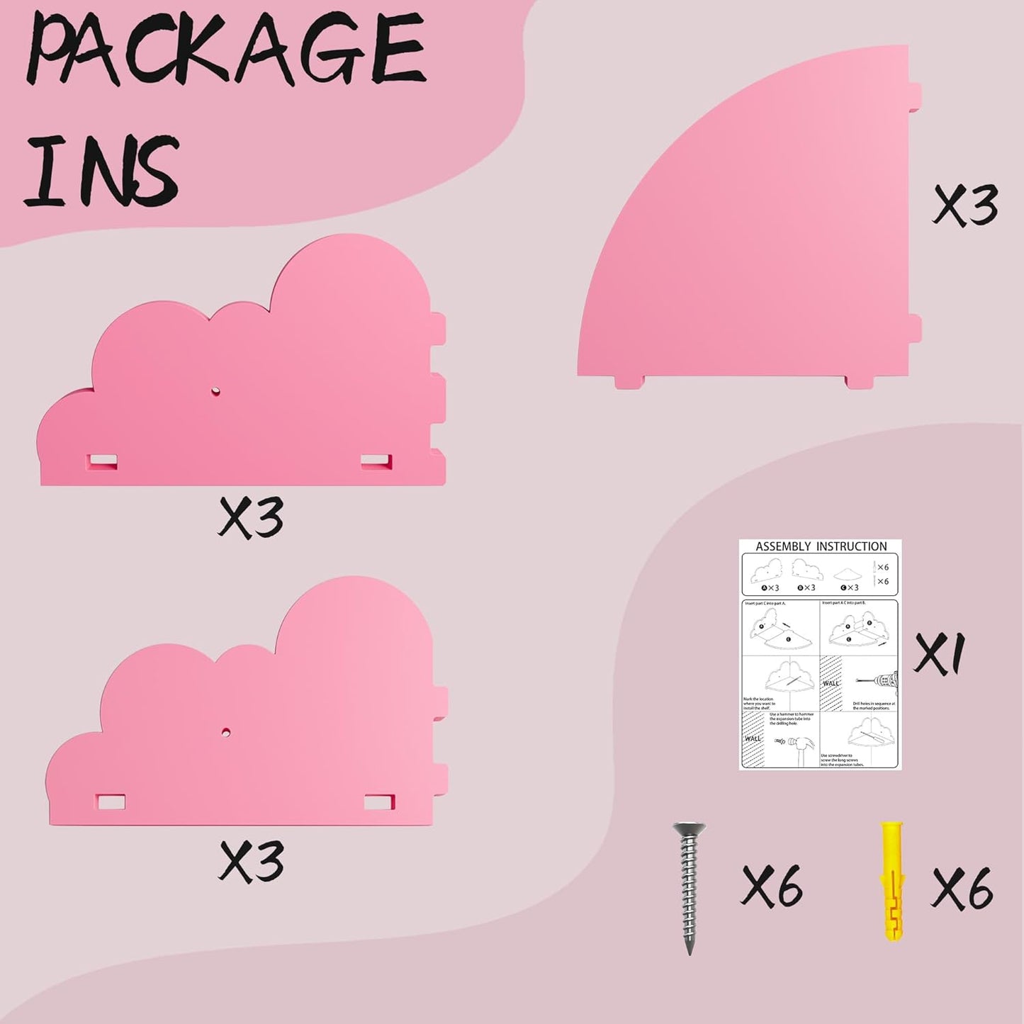 Cloud Floating Corner Shelves - Set of 3 Corner Wall Shelves for Kid’s Room, Corner Shelf Nursery Wall Deor, Small Cute Cloud Dispaly Shelf Wall Mounted for Toys, Plants & Storage,Pink.