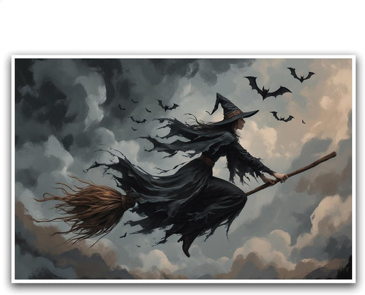 JFHCQJPK Witch and bat flying Halloween poster suitable for home party wall decoration retro Halloween preppy style wall art canvas print suitable for room decoration16x24in Frameless