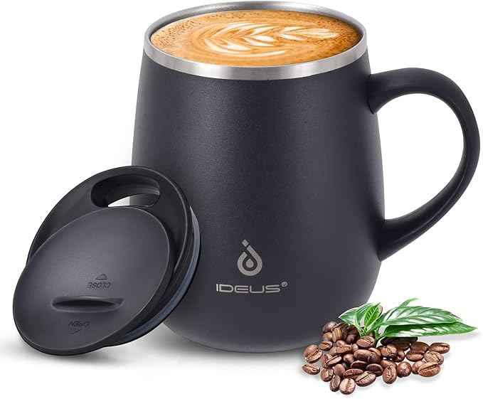 Ideus 16 oz Insulated Coffee Mug with Handle and Lid, Double Wall Stainless Steel Vacuum Thermal Coffee Mug, Travel Coffee Cup Thermal Cup for Home and Office, Storm Black