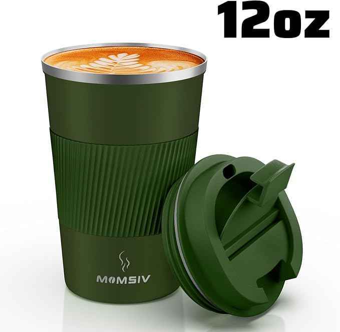 MOMSIV 12oz Travel Mug, Insulated Coffee Cup with Leakproof Lid, Vacuum Stainless Steel Double Walled Reusable Tumbler for Hot and Cold Water Coffee and Tea In Travel and Car Armygreen 380ML