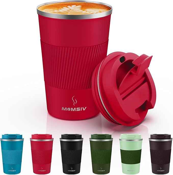MOMSIV 12oz Travel Mug, Insulated Coffee Cup with Leakproof Lid, Vacuum Stainless Steel Double Walled Reusable Tumbler for Hot and Cold Water Coffee and Tea