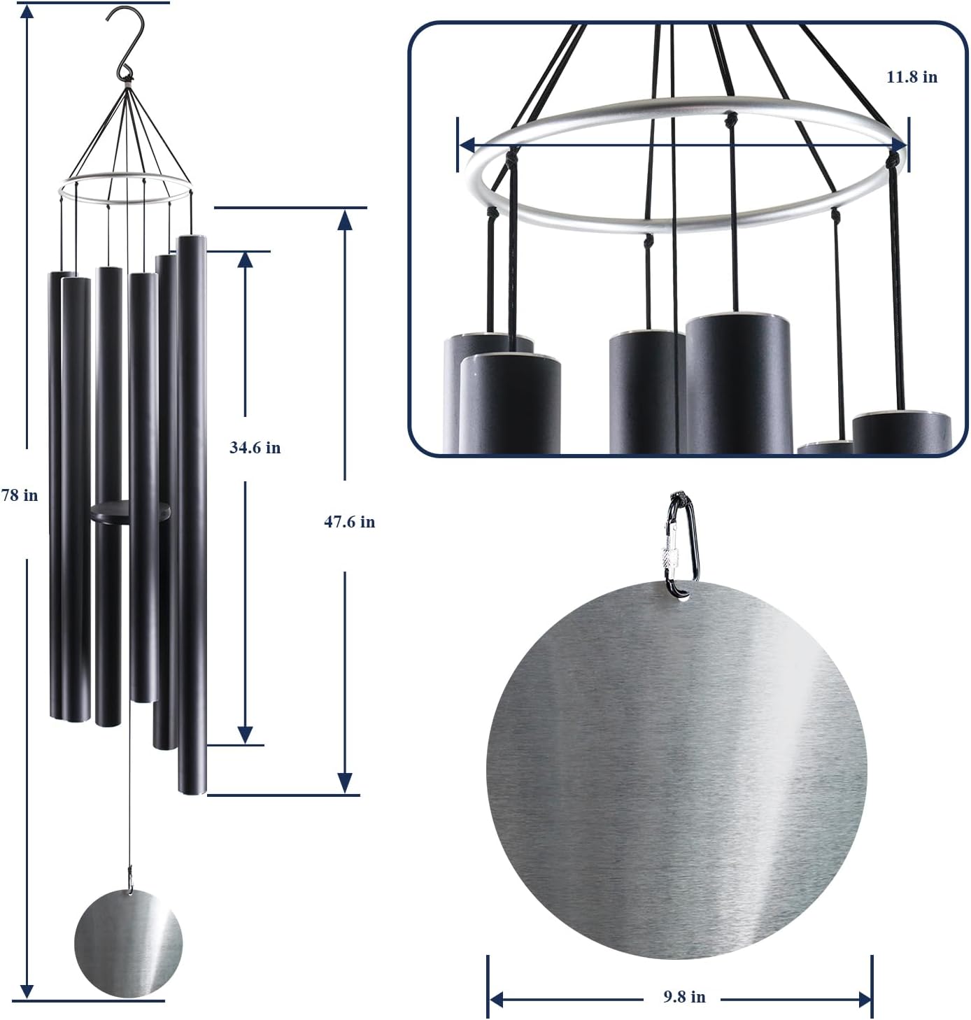 ASTARIN 78 Inch Wind Chimes for Outside with 6 Tubes Tuned Relaxing Melody, Extra Large Wind Chimes Outdoor Deep Tone for Patio, Backyard, Garden, and Outdoor Decor,Black