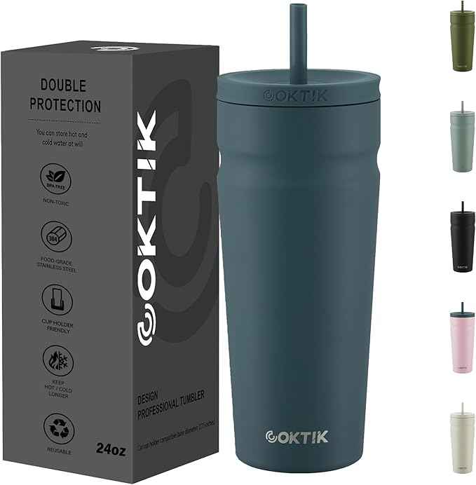 COKTIK 24oz Insulated Tumbler with Lid and Straw Iced Coffee Cup Reusable Stainless Steel Travel Mug Water Bottle Cupholder Friendly for Women Men Her Him (Twilight Fog)