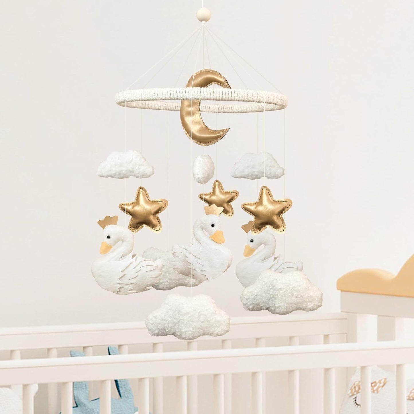 Baby Mobile for Crib Swan Nursery Decor for Girls Handmade Boho Baby Crib Mobile Cloud Moon Star for Infant Bassinet Bedroom Hanging Felt Princess Swan Nursery Room Decor Newborn Gifts