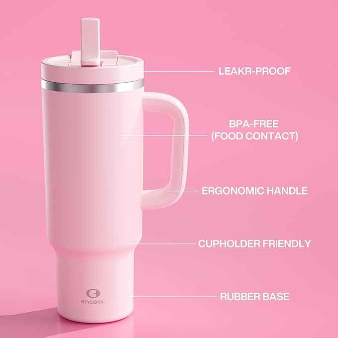 40 oz Tumbler with Handle and Straw: Stainless Steel Insulated Tumbler Keeps Cold for 24 Hours, Leakproof Travel Cup Fits in Cup Holder and BPA-Free, Cotton Candy