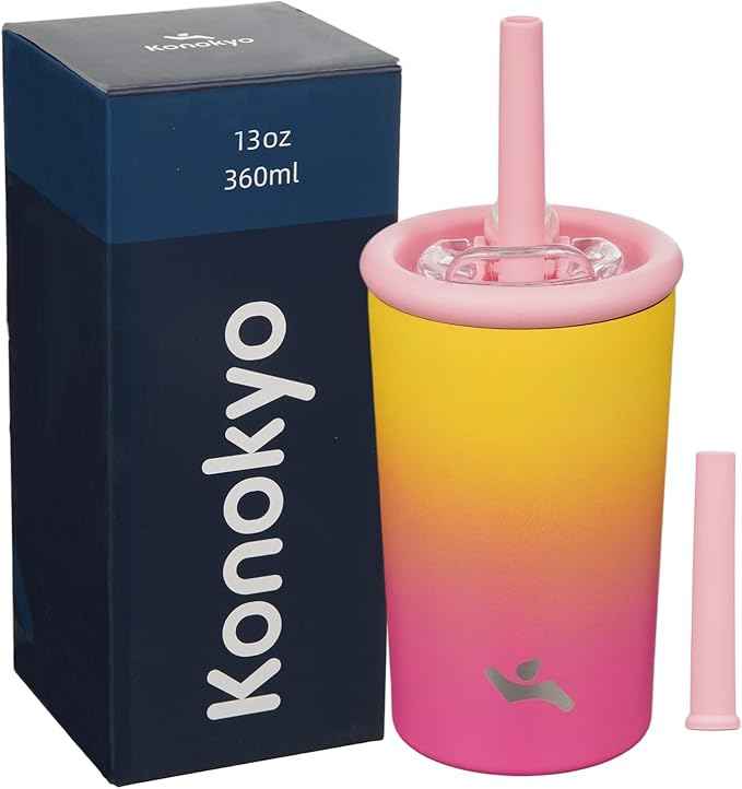 Konokyo 13oz Insulated Tumbler with Lid and Straw, Reusable Iced Coffee Cup with Lid, Travel Coffee Mug, BPA-Free, Leak-Proof and Durable, Rainbow