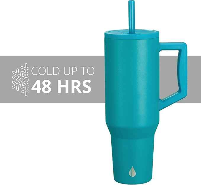 Elemental 40 oz Tumbler with Handle and Straw - Spill Proof Insulated Stainless Steel Commuter for Cold Beverages - Travel Coffee Mug with 2 Straws & Spill Proof Lid - 40oz - Teal