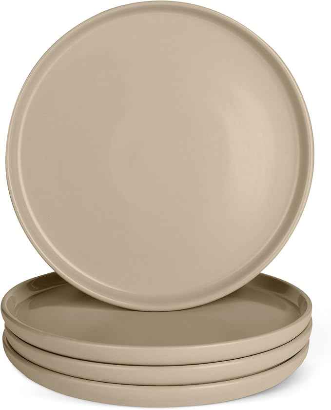 Amazon Basics Glazed Stoneware Dinner Plates, Ceramic 4-Piece Set, Microwave, Dishwasher and Freezer-Safe, Modern Design, 10.5 in., Linen Gray