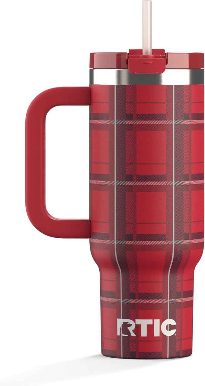 RTIC 30 oz Road Trip Tumbler Double-Walled Ceramic Lined InsulatedStainless Steel Portable Travel Coffee Mug Cup with Lid, Handle and Straw, Red Plaid
