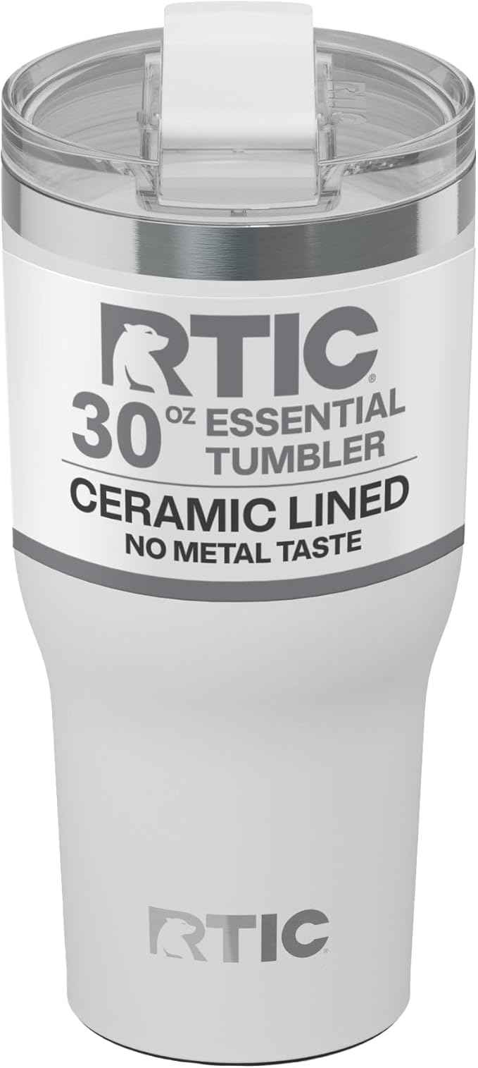 RTIC 20oz Essential Tumbler with Lid, Ceramic Lined, Insulated, Stainless Steel, Metal, Double Wall Vacuum-Insulation, Travel Cup for Iced Coffee, Tea, Hot and Cold Drink, White