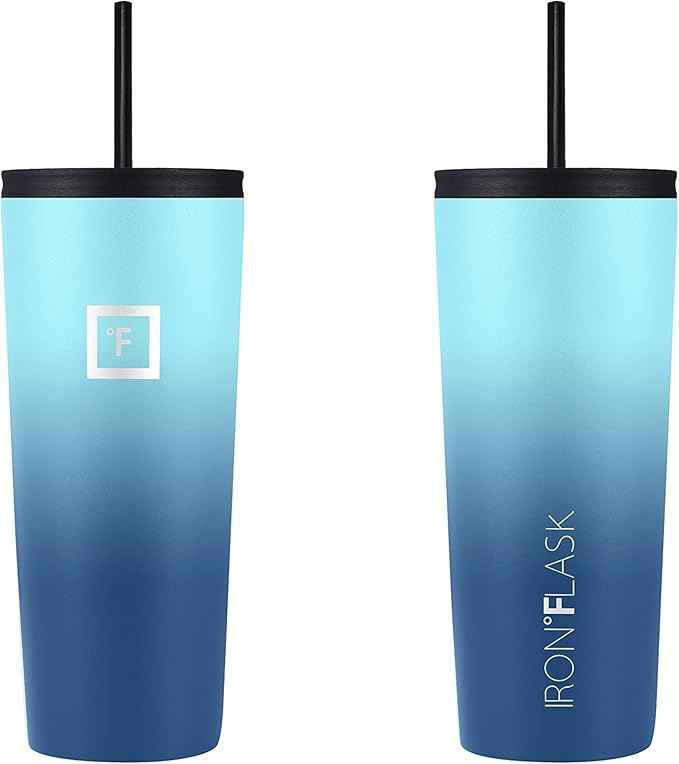 IRON °FLASK Classic Tumbler - Vacuum Insulated Stainless Steel Water Bottle, Double Walled, Drinking Cup, Insulated Travel Mug (Blue Waves, 24 oz Solid Lid)