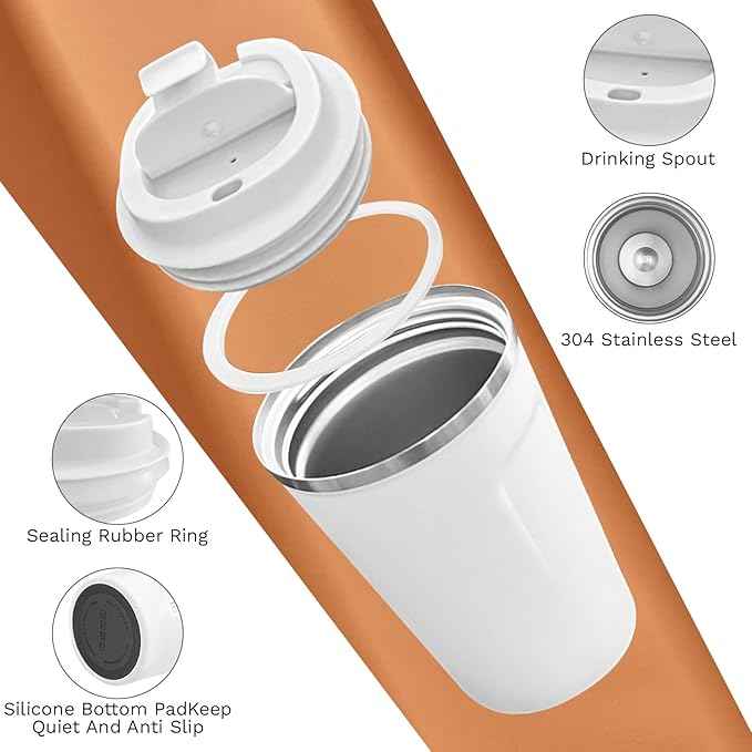SPLMIFA Travel Coffee Mugs Leak-Proof, Reusable Coffee Cups with Lids, Stainless Steel Vacuum Insulated Coffee Tumblers, Thermal Insulation Cups for Men and Women Hot & Cold Drinks(2nd-White, 17OZ)