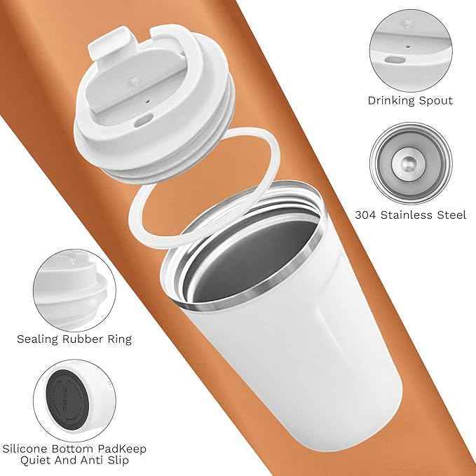 SPLMIFA Travel coffee mugs leak-proof, reusable coffee cups with lids, stainless steel vacuum insulated coffee tumblers, thermal insulation cups for men & women keep drinks hot & cold(2nd-White, 12OZ)
