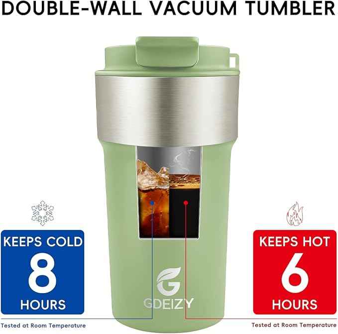 Insulated Coffee Mug, 17oz Stainless Steel Travel Mug with Flip-Top Straw Lid, Leak Proof Vacuum Insulated Tumbler, Reusable Coffee Cup for Hot & Cold Drinks, Avocado Green