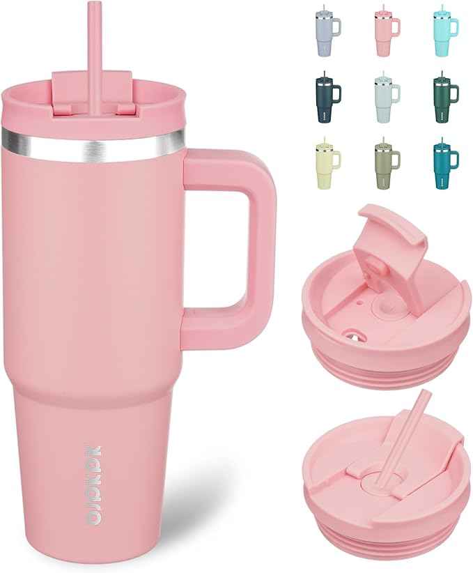 BJPKPK 30oz Stainless Steel Insulated Tumbler With Handle And Lid Straw Travel Coffee Mug Thermal Cup,Light Pink