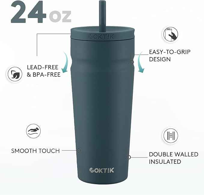 COKTIK 24oz Insulated Tumbler with Lid and Straw Iced Coffee Cup Reusable Stainless Steel Travel Mug Water Bottle Cupholder Friendly for Women Men Her Him (Twilight Fog)