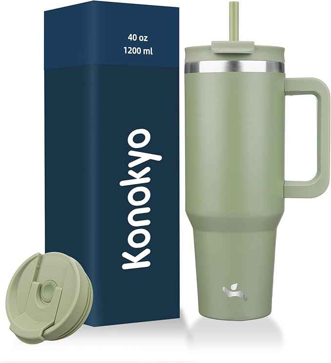 Konokyo 40 oz Tumbler with Handle and 2 Straws,2 in 1 Lid Insulated Water Bottle Stainless Steel Travel Coffee Mug,Army Green