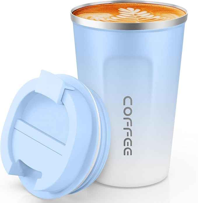 SPLMIFA Travel Coffee Mug Leak-Proof, Reusable Coffee Cups with Lids, Stainless Steel Vacuum Insulated Coffee Tumblers, Thermal Insulation Cup for Men and Women Hot & Cold Drinks(2nd-Blue White, 17OZ)