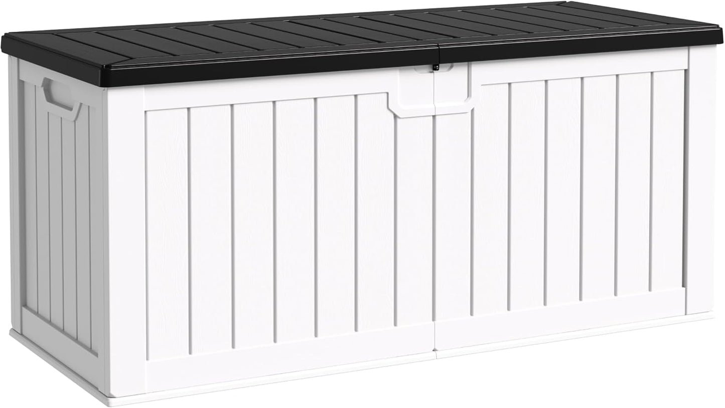 Flamaker Resin Deck Box 250 Gallon, Waterproof Imitation-Wood Lockable Storage Box with Separator Plate Outdoor Indoor, Garden, Patio Furniture for Tools&Pool Accessories (White with Black Cover)