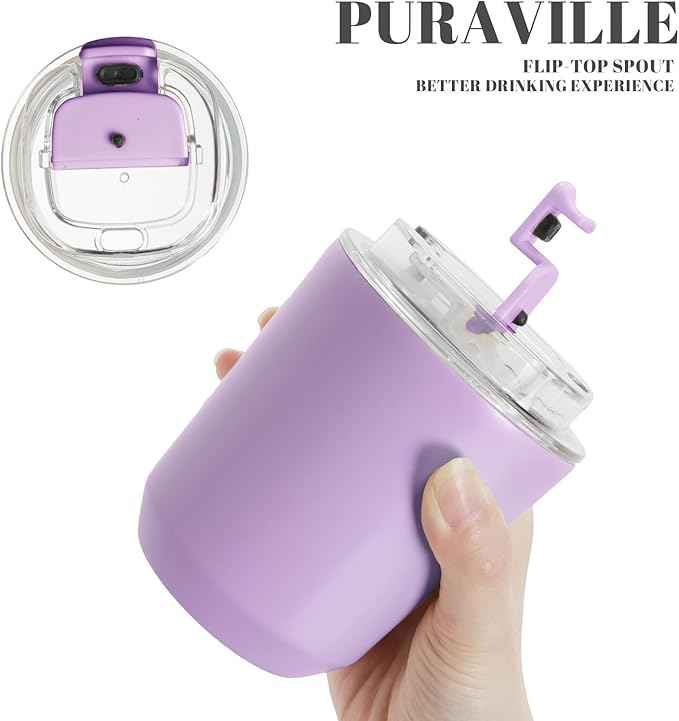 Puraville Insulated Tumblers with Lid, 10 oz Travel Coffee Mug Stainless Steel Vacuum Cup, Leak Proof Reusable Double Walled Coffee Tumbler for Iced and Hot Drinks, Lilac