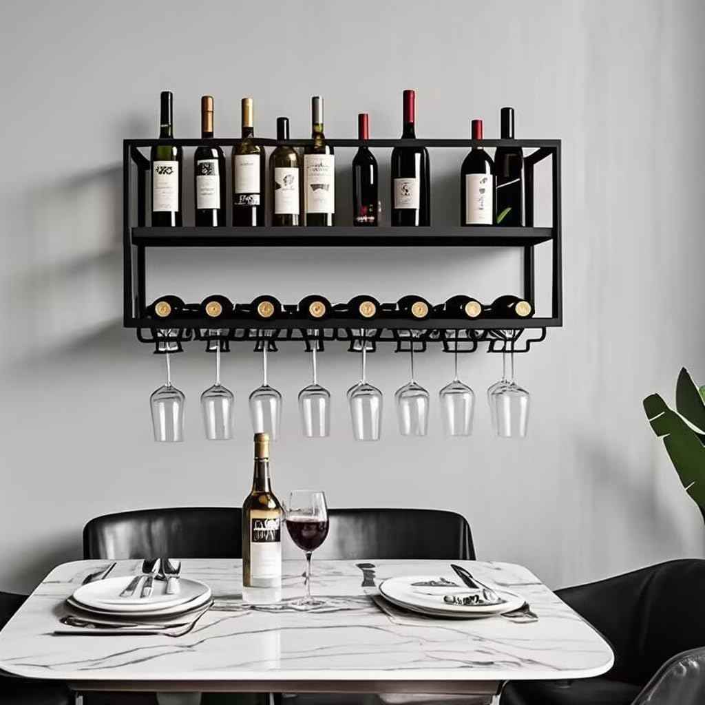 Modern Wine Rack Wall Mounted with Glass Holder,Metal Liquor Shelf, Floating Bar Shelves,Liquor Bottle Display Shelf,Hanging Large Capacity Wine Storage Racks for Home Kitchen Dining Room
