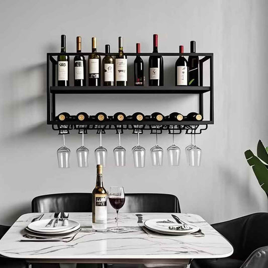 Modern Wine Rack Wall Mounted with Glass Holder,Metal Liquor Shelf, Floating Bar Shelves,Liquor Bottle Display Shelf,Hanging Large Capacity Wine Storage Racks for Home Kitchen Dining Room
