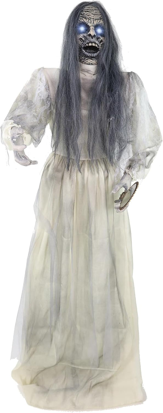 Haunted Hill Farm Lifesize Scary Haunted Woman Halloween Prop with Touch Activated Lights and Sound, Battery-Operated Indoor or Covered Outdoor Halloween Decoration