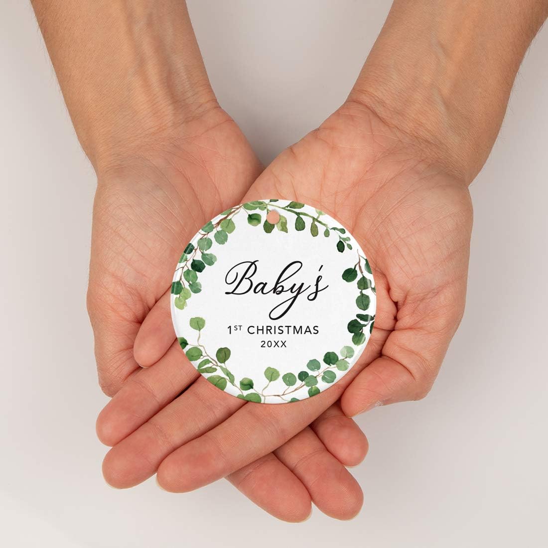 Andaz Press Custom Year Round Ceramic Porcelain Christmas Tree Ornament Keepsake Collectible Gift, Baby's 1st Christmas 2025, Farmhouse Eucalyptus Wreath, 1-PackBaby Shower New Mom Gift Ideas
