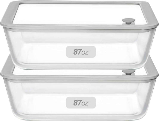 Glass Food Containers with Glass Lid, Microwave Safe Food Storage Container Set, 2 Pack of 87oz, Large Size Airtight Storage Set with Leak Proof Lids, Meal Prep Containers