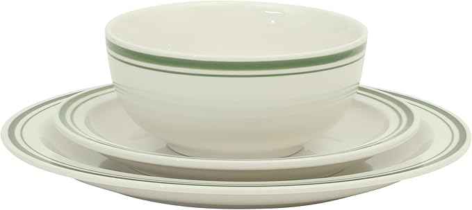 Gibson Home Hometown Diner 12-Piece Porcelain Dinnerware Set, Round Plates and Bowls Set for 4, White with Green Rim, Dishwasher Safe – Dinner Plate, Salad Plate & Cereal Bowl