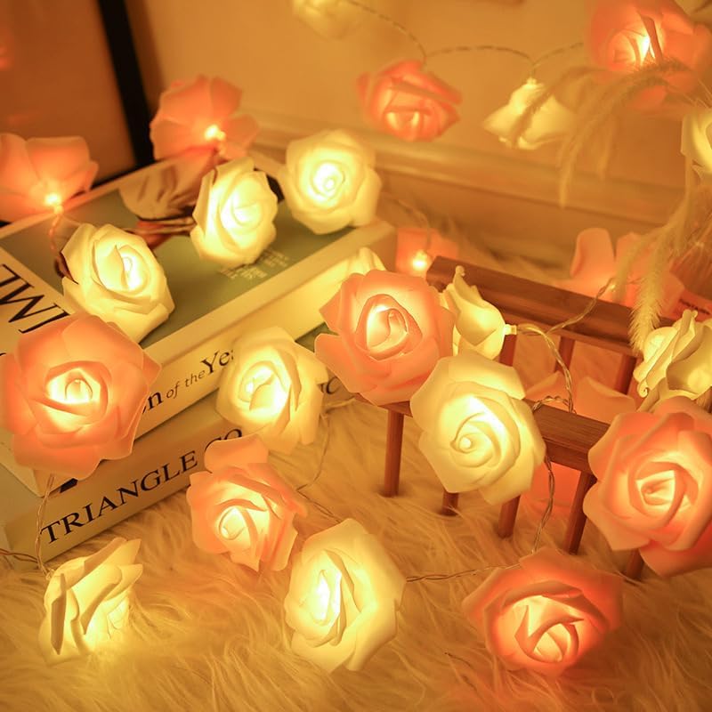Everlasting Splashes LED Rose Flower Fairy String Lights Battery Operated Warm Flashing Light Romantic Proposal Wedding Birthday Christmas Thanksgiving DIY Indoor Outdoor Decorations (Red&Soft White)