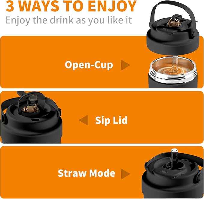 26oz Ceramic Coated Water Bottle, 3-Way Drinking (Straw/Sip/Wide Mouth), 6H Hot & Cold Insulated Water Bottle Leakproof Travel Cup with Handle - Black