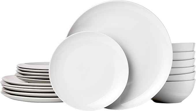Amazon Basics 18-Piece Complete Kitchen Dinnerware Set, Microwave and Dishwasher Safe, Plates, Dishes, Bowls for Everyday Use, Service for 6, White Porcelain Coupe