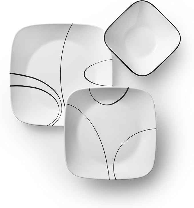 Corelle 18-Piece Service for 6 Dinnerware Set Triple Layer Glass and Chip Resistant, Lightweight Square Plates and Bowls Set, Simple Lines