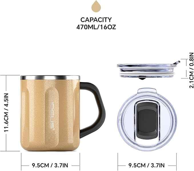 Ideus 16 oz Coffee Cup, Stainless Steel Coffee Travel Mug, Spill Proof Tea Mug with Handle and Lid, Lightweight and Durable, Great for Office Home and Outdoor Use, Golden-FUJI FLOW